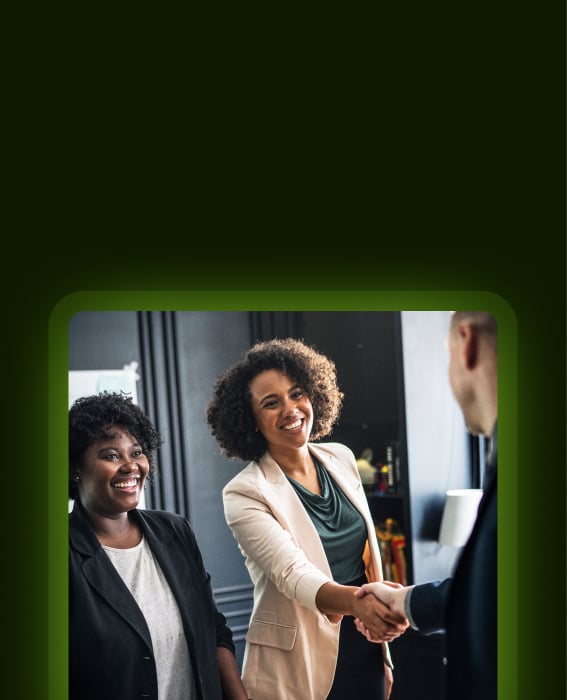Colleagues greeting a visitor with a handshake in the office