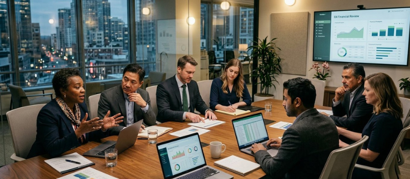 Executive boardroom evening financial review