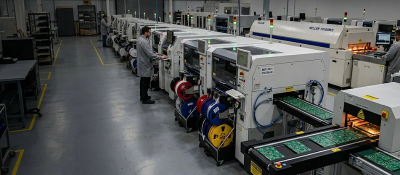 Factory workers monitor an automated circuit board assembly line