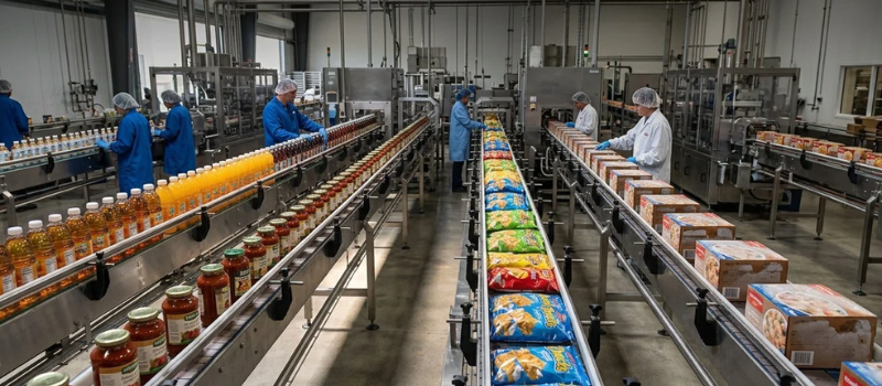 Food production line with workers packaging bottled drinks, jarred sauce, chips, and boxed meals