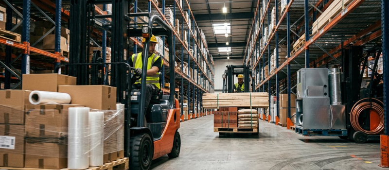 Forklift moving palletized boxes through a warehouse aisle with stocked shelves