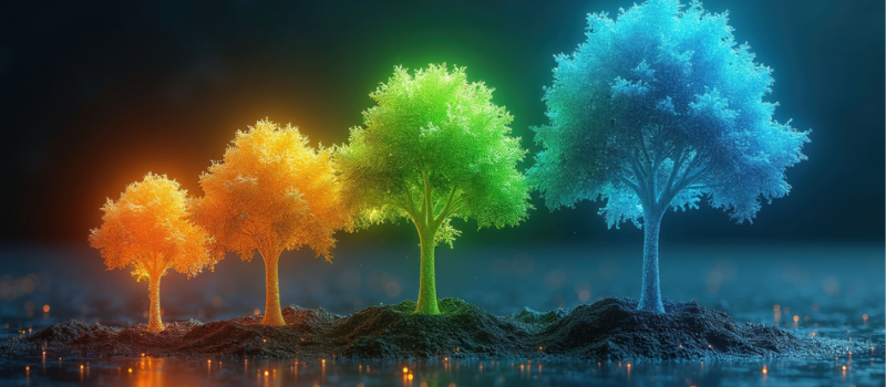 Four glowing trees in warm and cool colors, suggesting growth and transformation