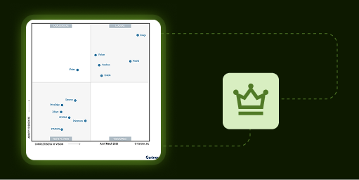 Gartner magic quadrant graphic on green background with crown icon in green