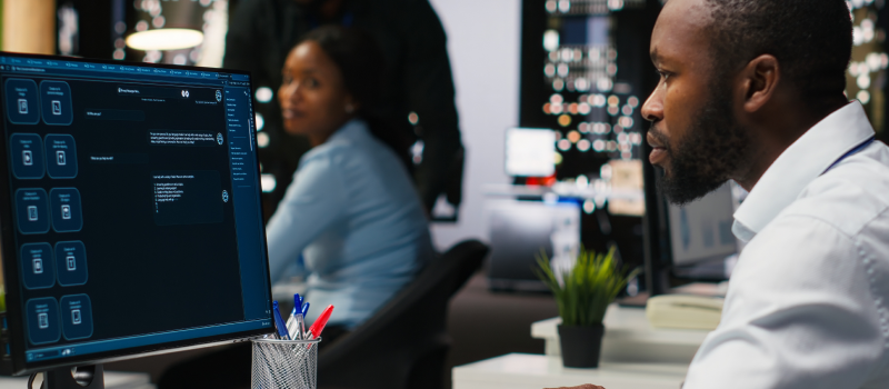 IT professional monitors software dashboard in a modern office1
