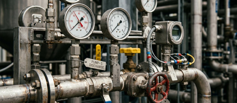Industrial valves gauges closeup