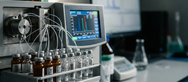 Laboratory analyzer testing samples in vials beside a results monitor