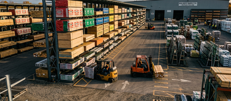 Lumber yard with forklifts moving building materials between outdoor storage racks