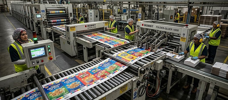 Packaging plant printing covers with workers