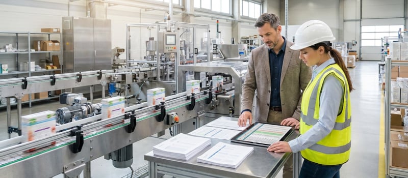 Engineer and manager reviewing packaging line production data on the factory floor