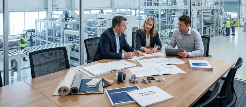 Manufacturing team reviewing packaging line plans at a conference table beside the factory floor