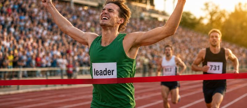 Person Wearing Green Bib with Leader Text at Sunset