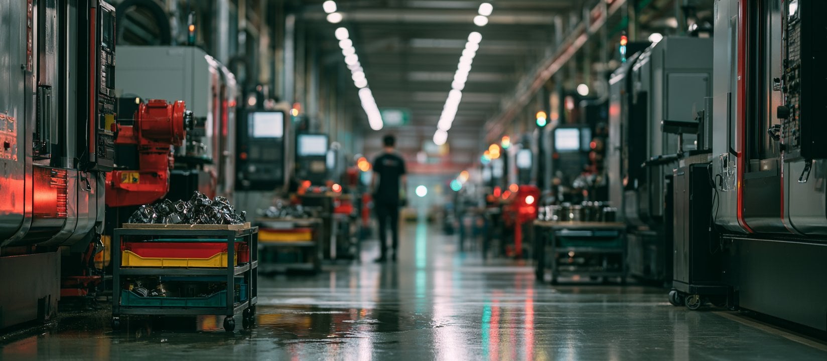 Aisle of automotive machining centers with metal parts staged for production