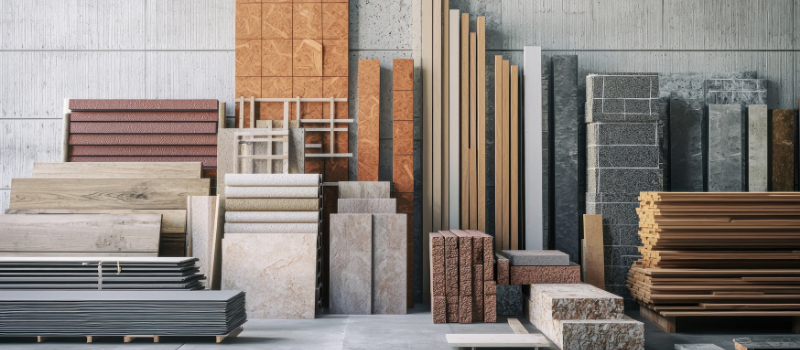 Stacked construction materials displayed in a warehouse