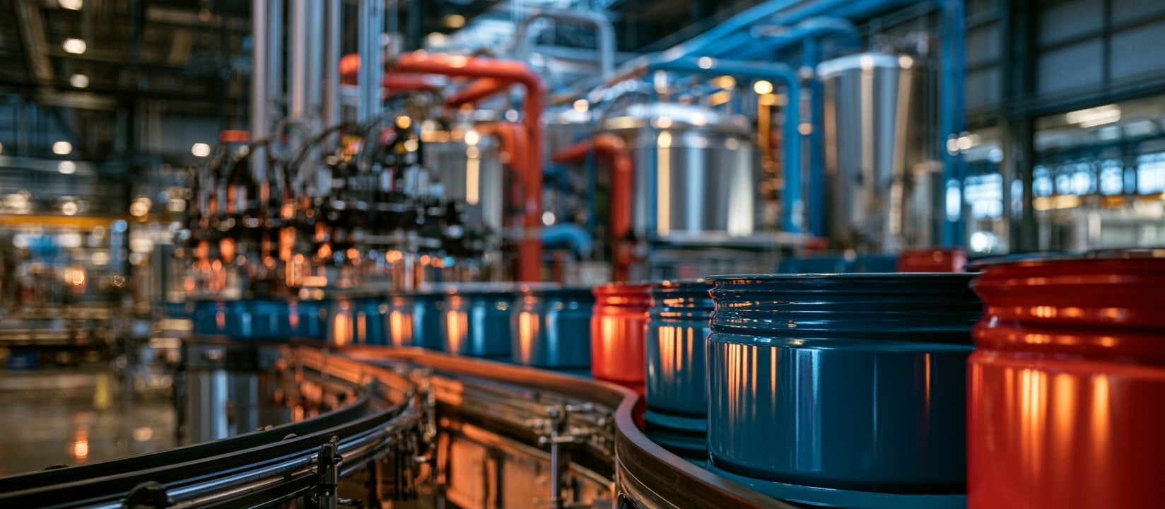 Close view of red and blue drums on a conveyor inside a blending facility