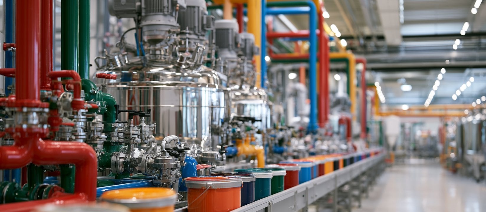 Colorful coating buckets move along a production line beside mixing tanks