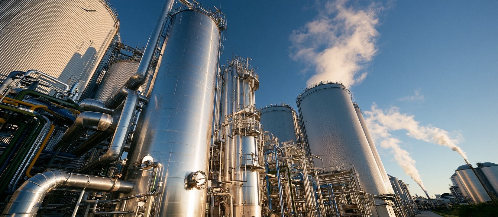 Fuels processing facility with storage tanks, pipes, and vapor rising above the plant