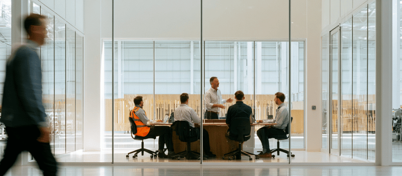 Team meeting in distribution facility in a glass room
