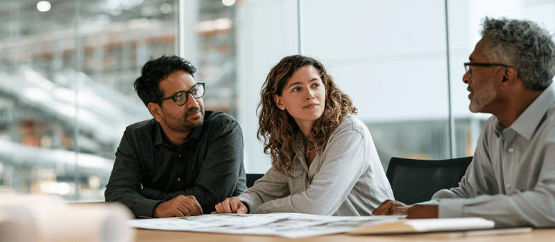 Three colleagues in a distribution facility in a meeting