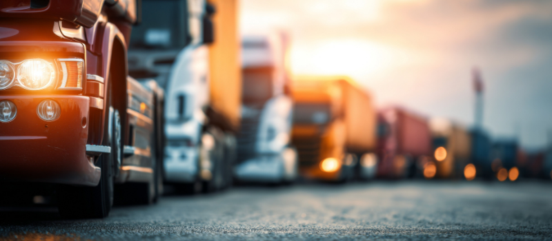 Trucks lined up on a road at sunset for freight transport