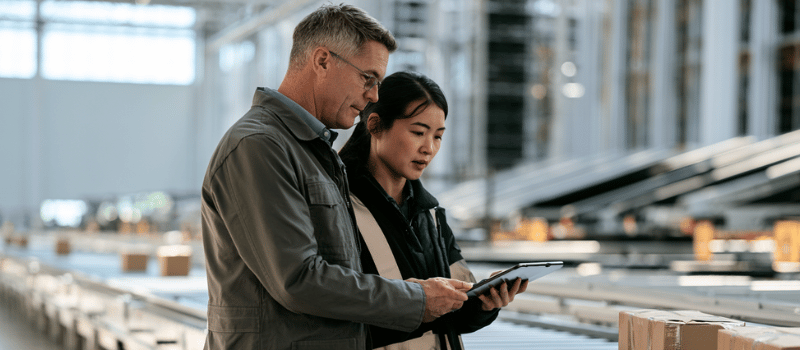 Two colleagues in distribution facility discussing pricing on a tablet