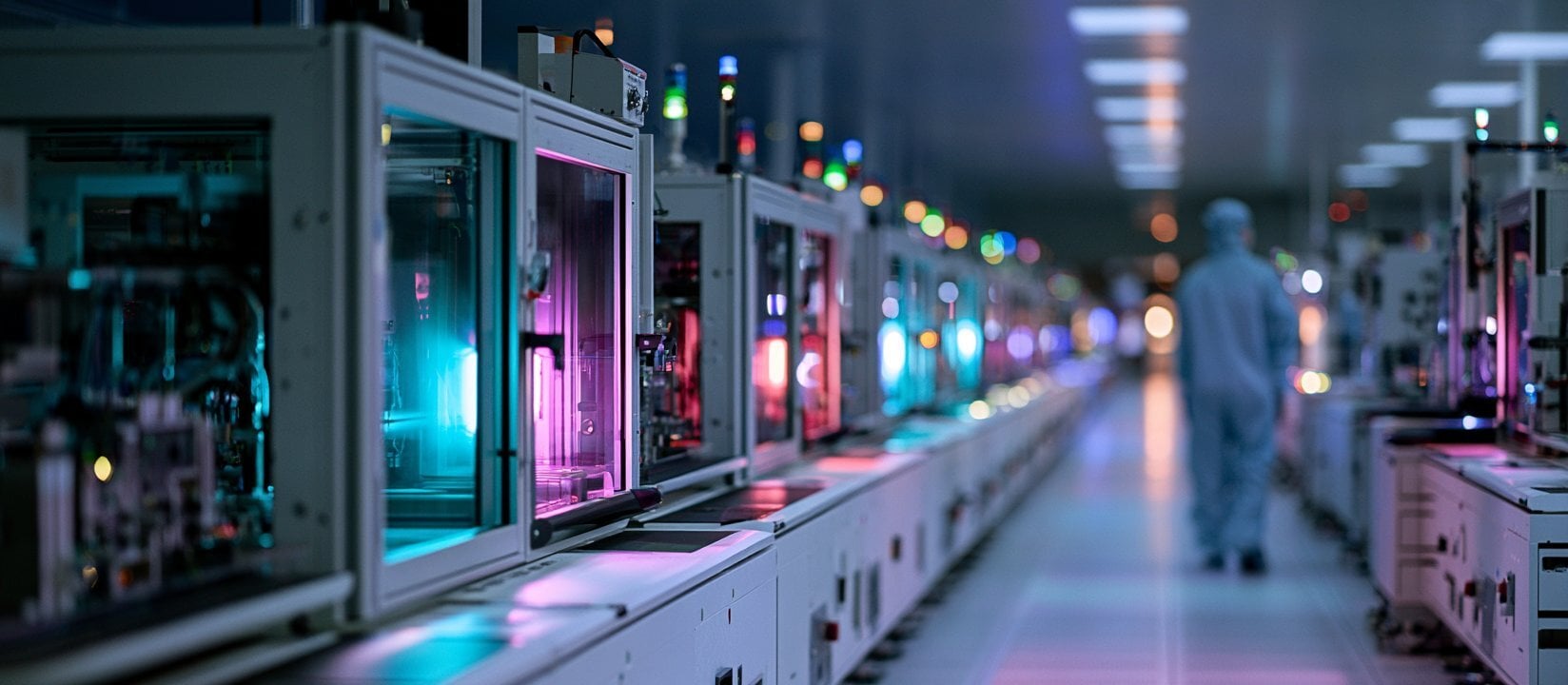 Automated production line in an electronics cleanroom with an operator in the background