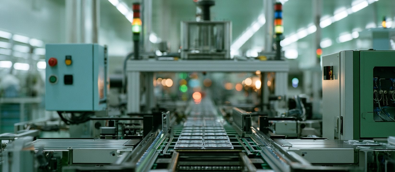 Automated medical device trays travel between machines in a cleanroom