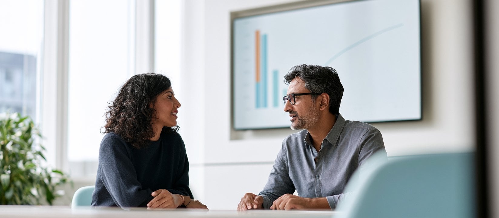 Pair exchange ideas beside a dashboard displayed on the wall