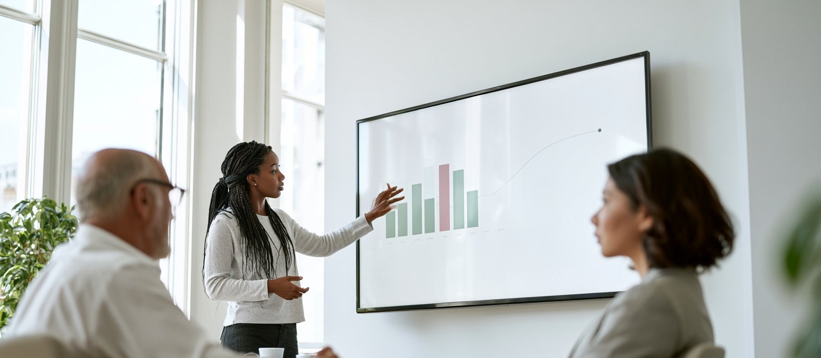 Presenter points to a rising trend on a large wall chart during a team meeting
