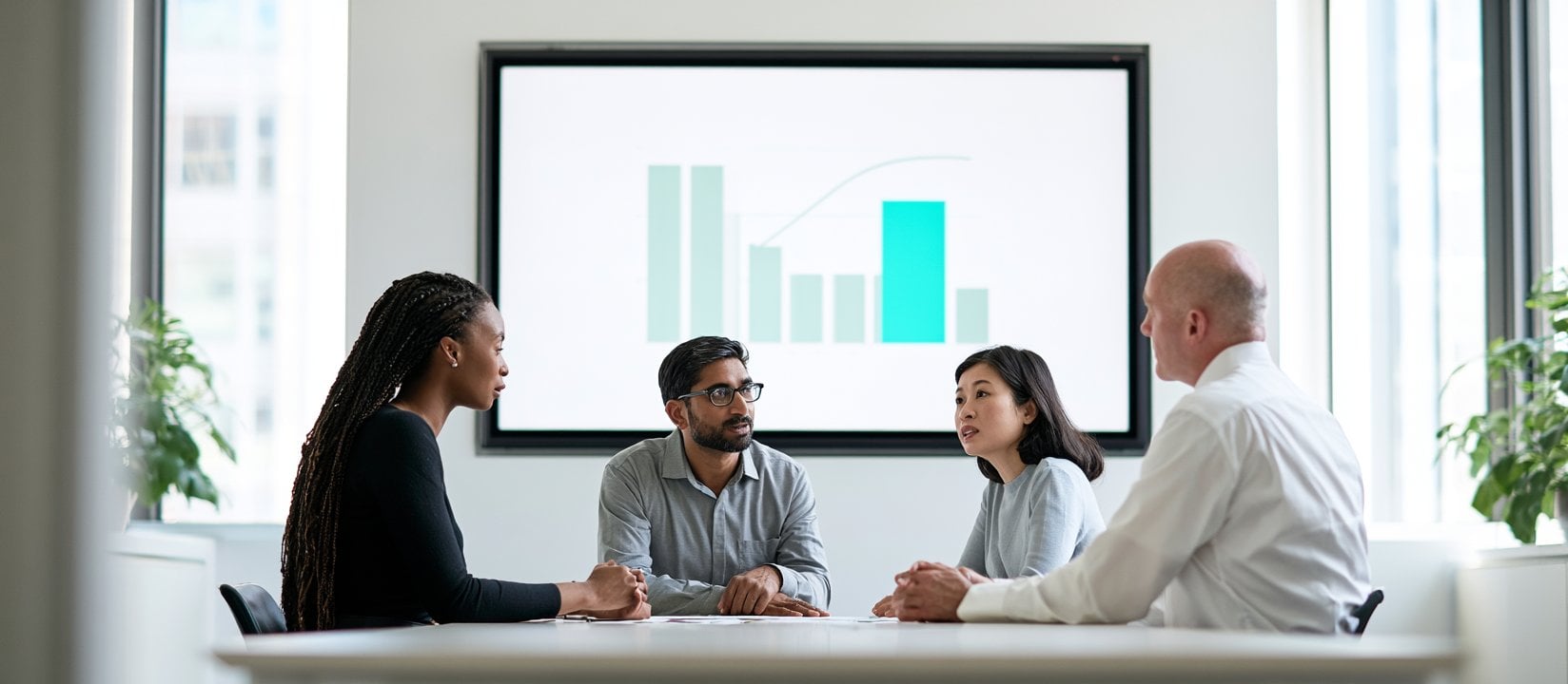 Team meeting with four colleagues seated beneath a bar chart display