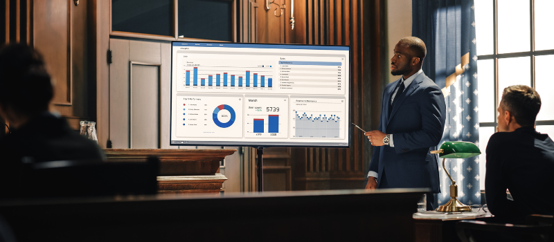 Presenter beside sales analytics dashboard during business meeting