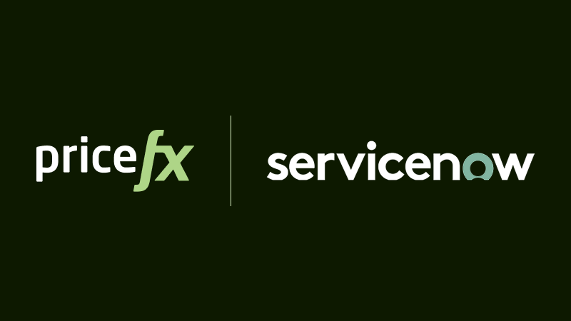 Pricefx and servicenow logo lockup on dark green background