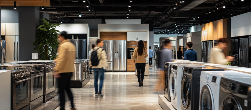 Showroom with Blurred People and Home Appliances