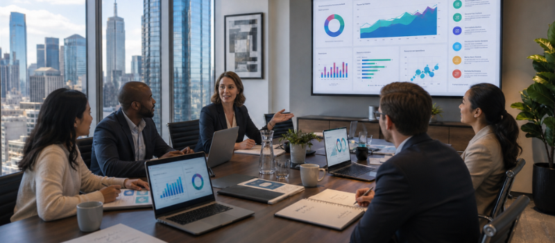 Team reviewing charts and dashboards during a meeting