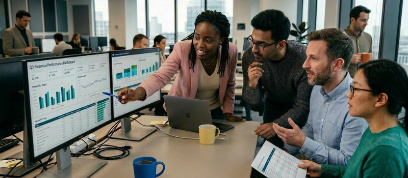 Team reviewing financial performance