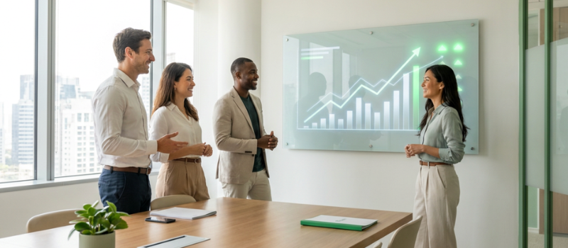 Team reviewing rising performance chart during office presentation