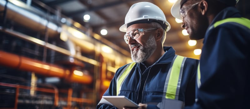 Two engineers review a tablet inside an industrial facility