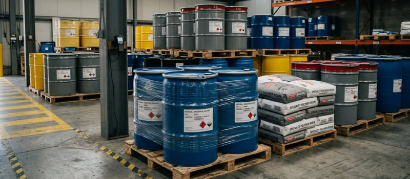 Warehouse storing chemical drums and resin bags on pallets with hazard labels