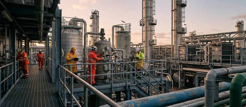 Workers inspecting industrial processing equipment and pipelines at a refinery plant