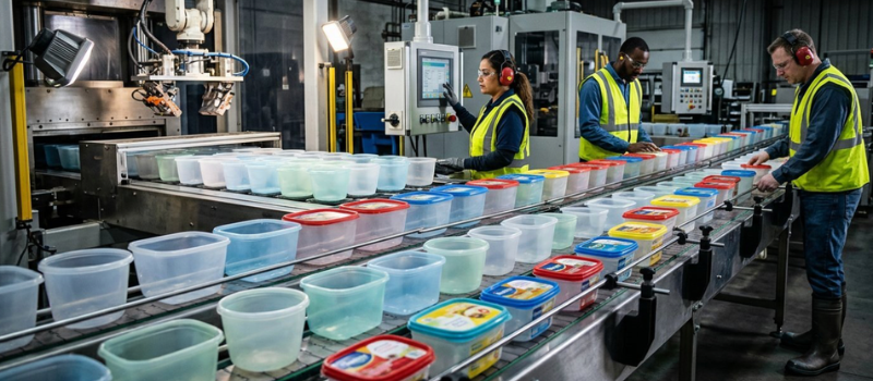 Workers monitor an automated production line for plastic containers in a factory