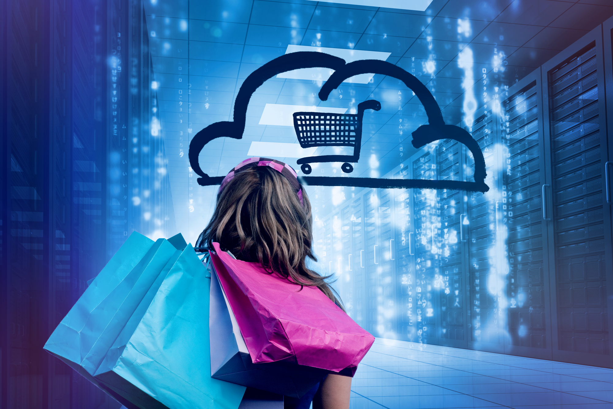 Woman-in-a-data-center-holding-shopping-bags-plus-digital-shopping-trolley