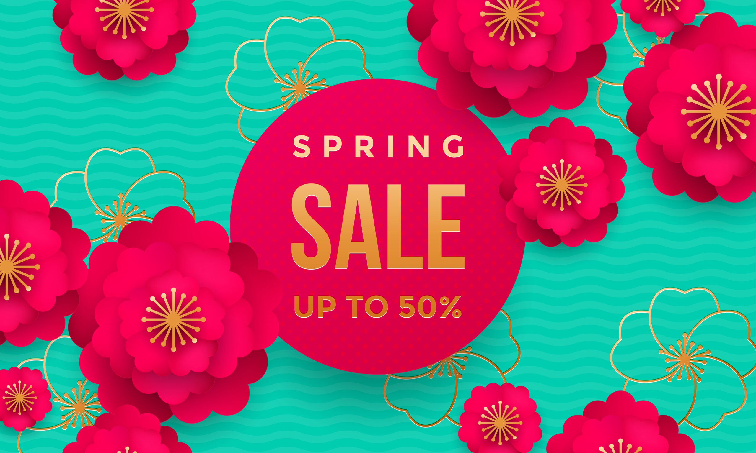 Spring-Sale-Up-to-50%-Red-Flowers-on-Green-Background