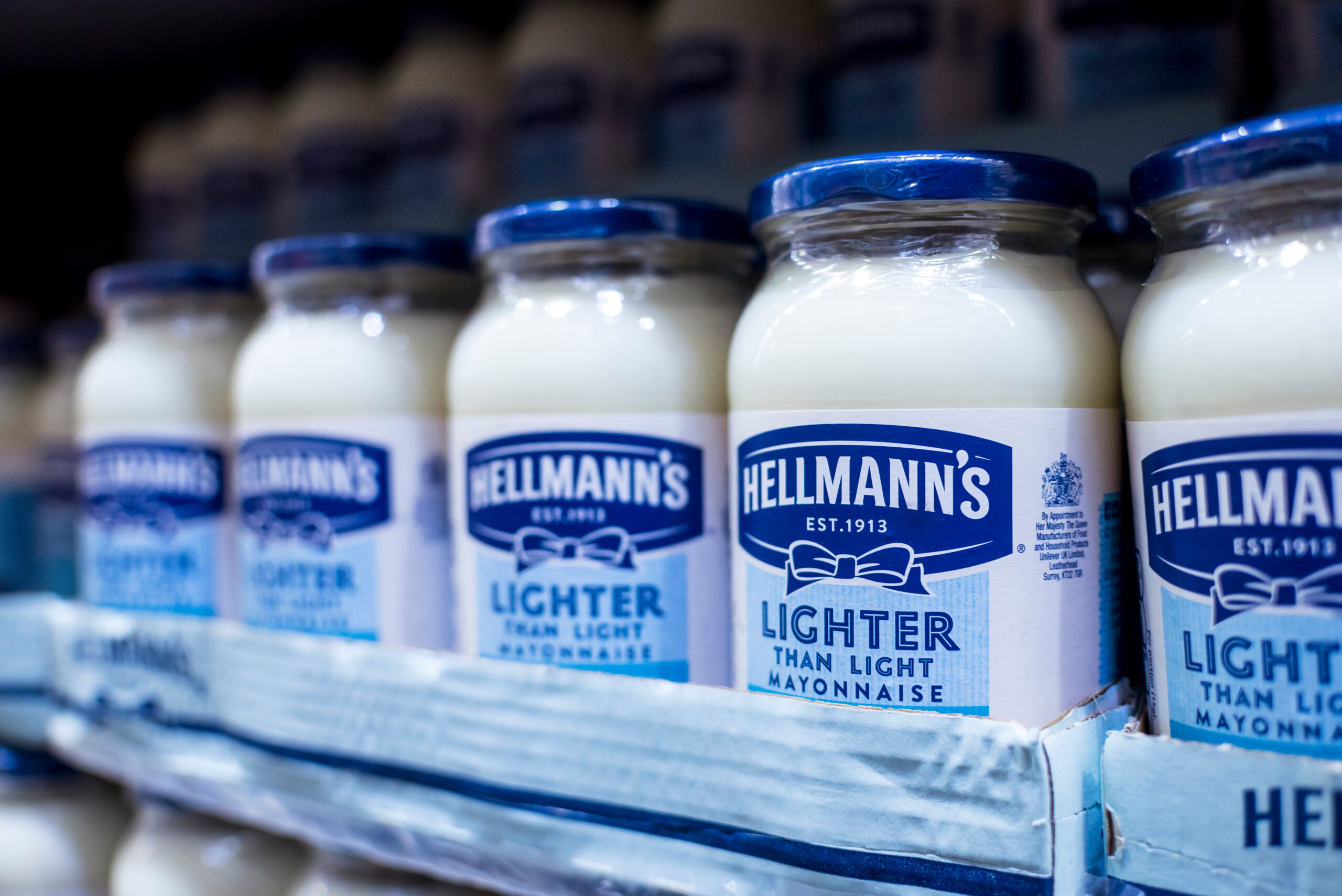 Manila, Philippines - July 2021: Rows of Hellmann's Lighter than