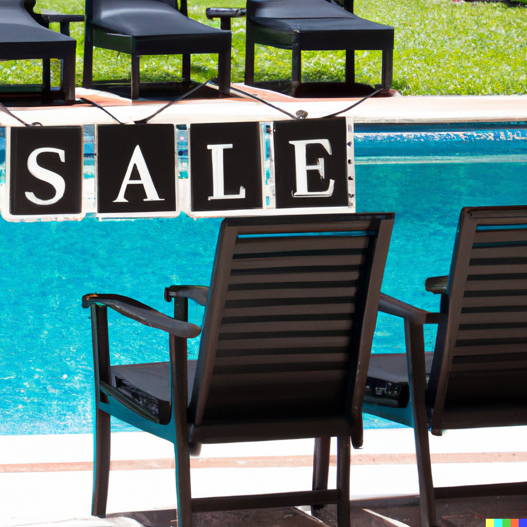 outdoor-furniture-alongside-a-swimming-pool-with-a sign-alongside-reading-sale