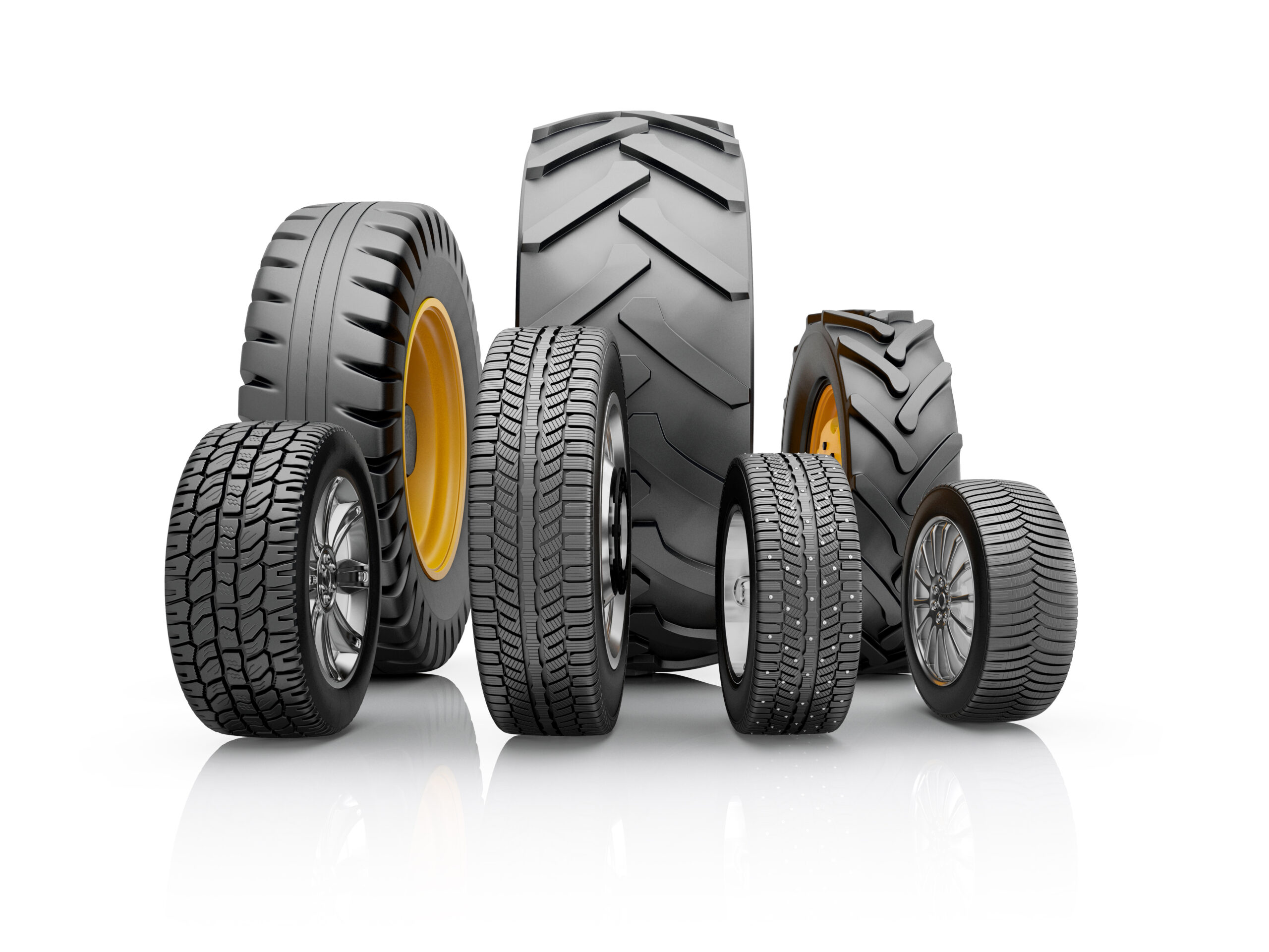 Set-of-different-tires-for-a-different-car-3d-illustration-on-a-white-background