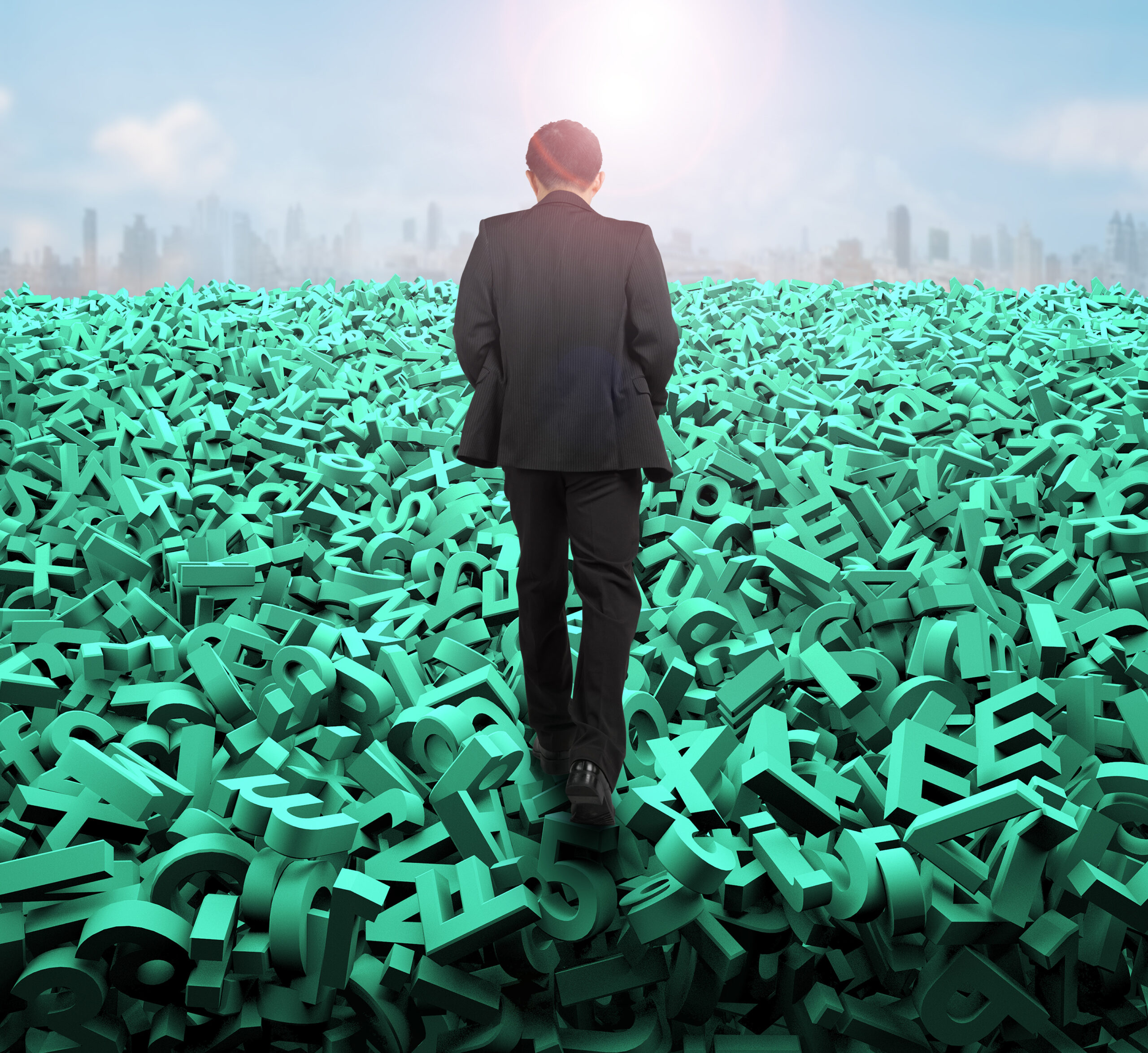 Big data concept, businessman walking on huge green characters